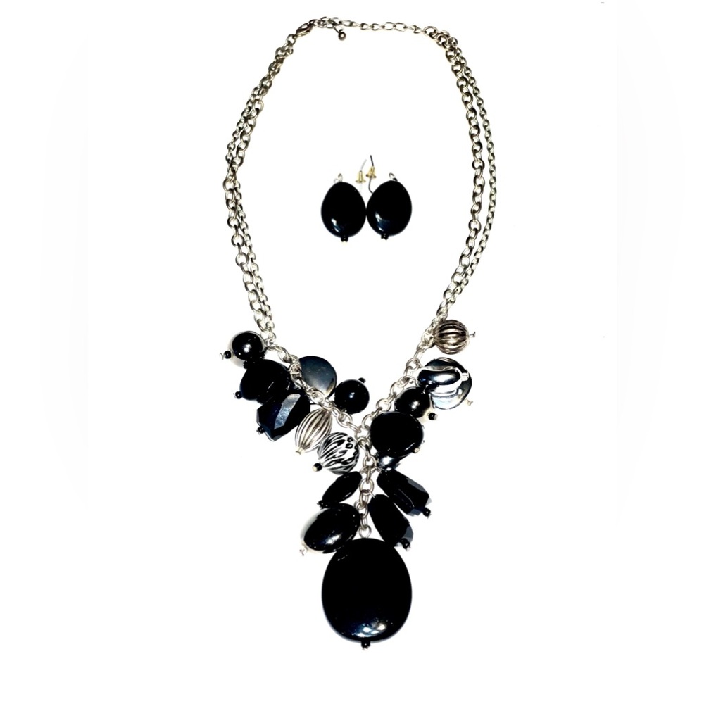 Mixed Media Black, Silver, Gunmetal, & textured bead Necklace Set